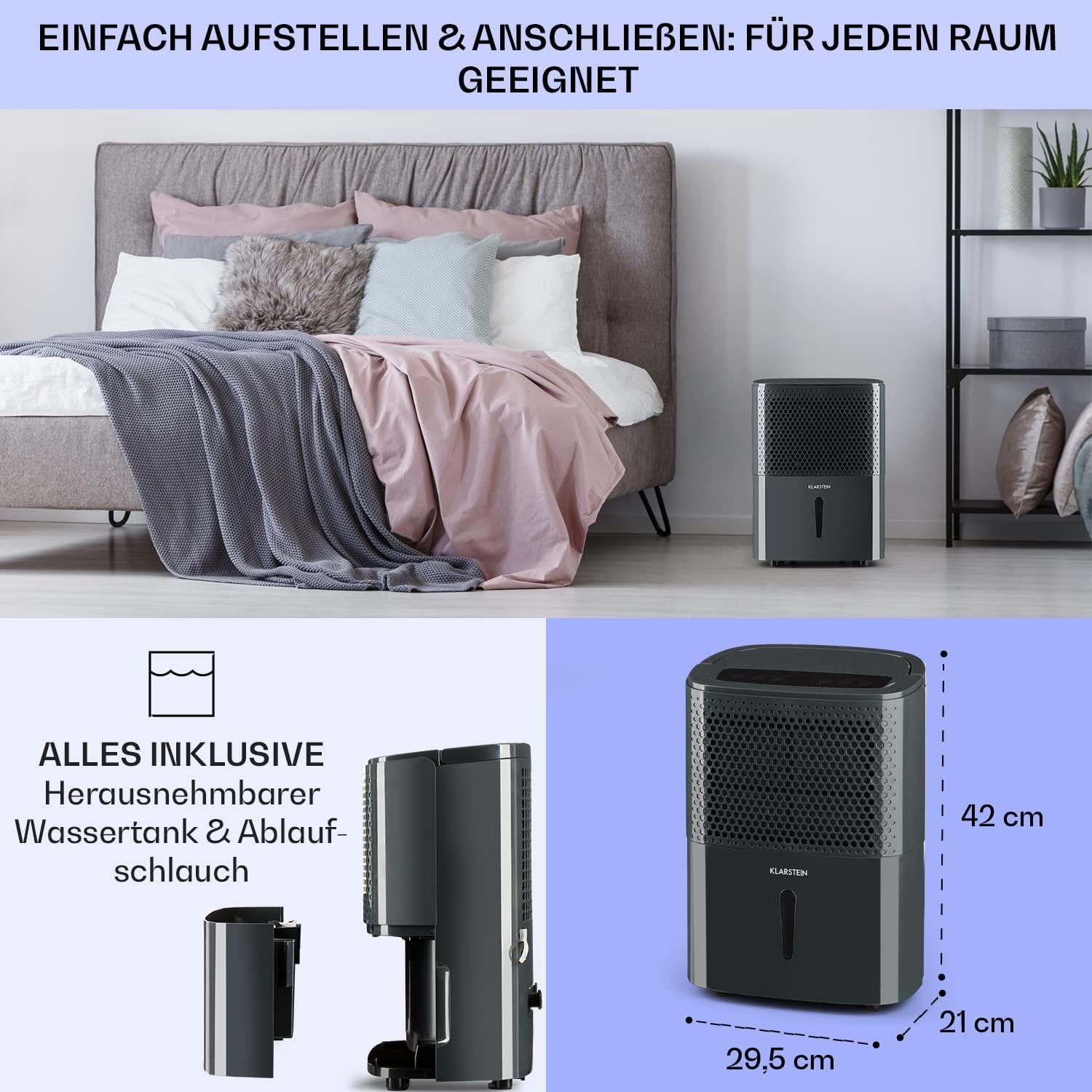 Klarstein Luftentfeuchter & Luftreiniger Elektrisch, 10 L Raumentfeuchter Klein für Wohnung Schlafzimmer Badezimmer Keller, Effizienter Bad/Raum Entfeuchter, Elektrischer & Kleiner Luftentfeuchter