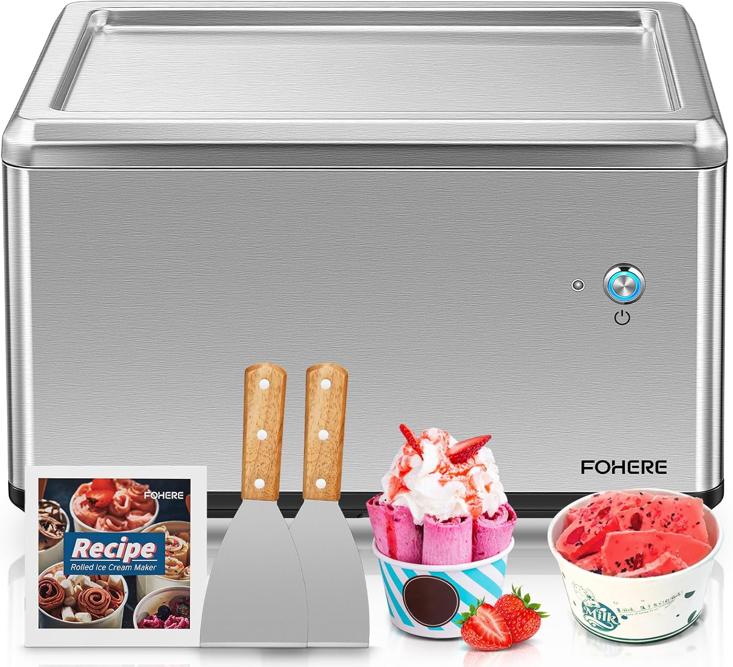 Selbstkühlende Roll-Eismaschine für Zuhause mit Kompressor, Soft Eis in nur 3 Mins, One-Touch Bedienung, Vielfältige Sortenwechsel, Gesunde Selbstgemachte Ice Cream Rolls, Rezept, 2 Spachteln, FOHERE