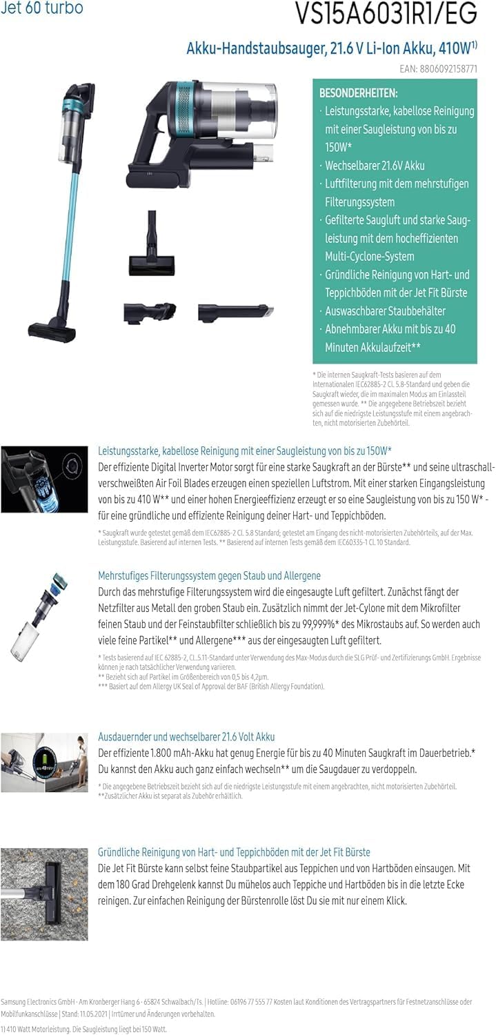 Samsung Jet 60 turbo VS15A6031R1/EG, Akku-Handstaubsauger, kabellos, beutellos, max. 150 W, wechselbarer 21.6V Li-Ion Akku, 0.8 Liter, Teal Mint