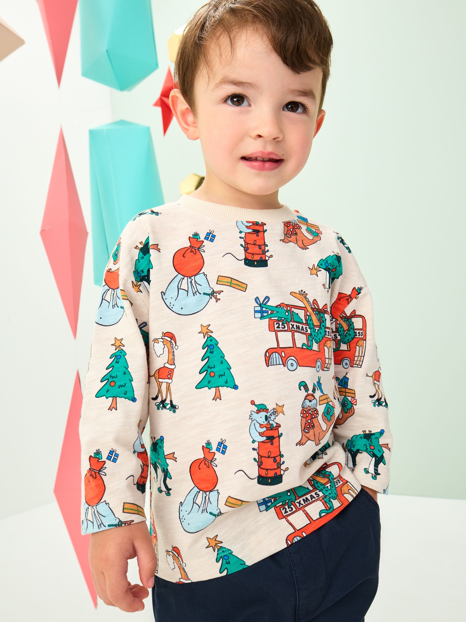 Kiezelkleurige all-over print - Kerst-T-shirt met lange mouwen (3mnd -8jr)