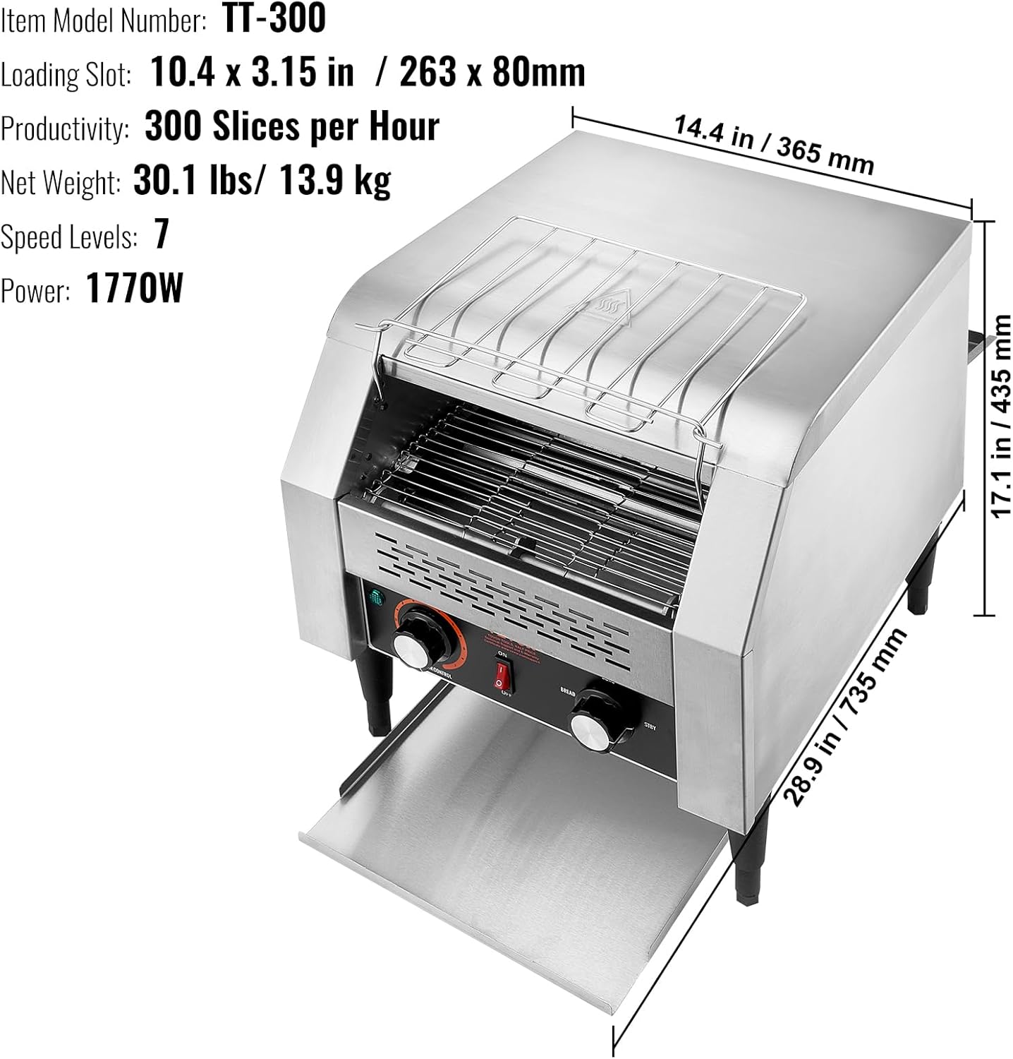 VEVOR Grille-Pain à Convoyeur Commercial 300 Tranche par Heure Toaster Grille Pain Inox 2200 W 7 Réglages de Vitesses avec Ramasse-Miettes pour Petit Pain Bagel Hamburger Boulangerie Restaurant Hôtel