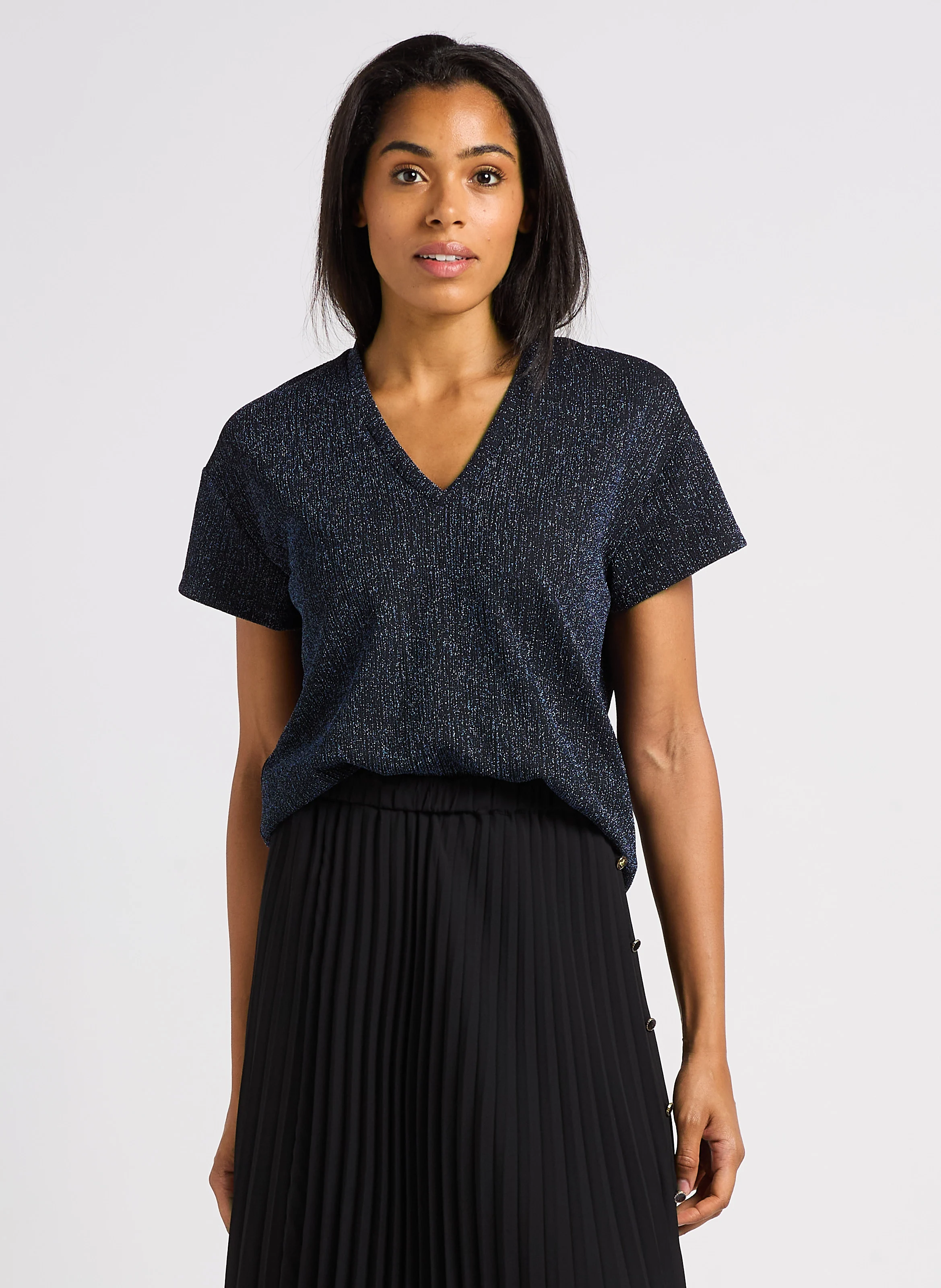 Tee-shirt droit col V métallisé | Bleu