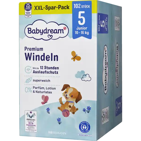Premium Windel Größe 5 Junior, 102 Stück, 10-16 kg