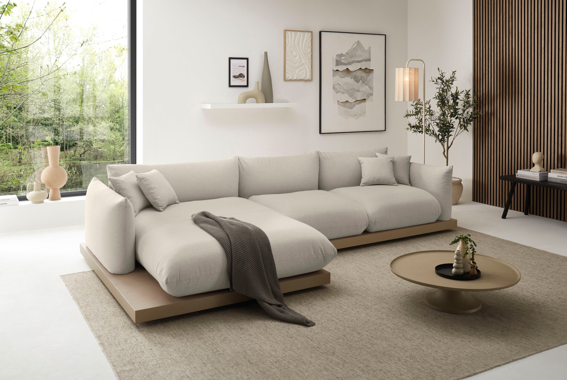 GOODproduct Ecksofa »Kalix, Polsterecke mit kräftigem Holz-Plateau, moderne Couch in L-Form« wahlweise Recamiere links o. rechts, Strukturstoff, hoher Sitzkomfort