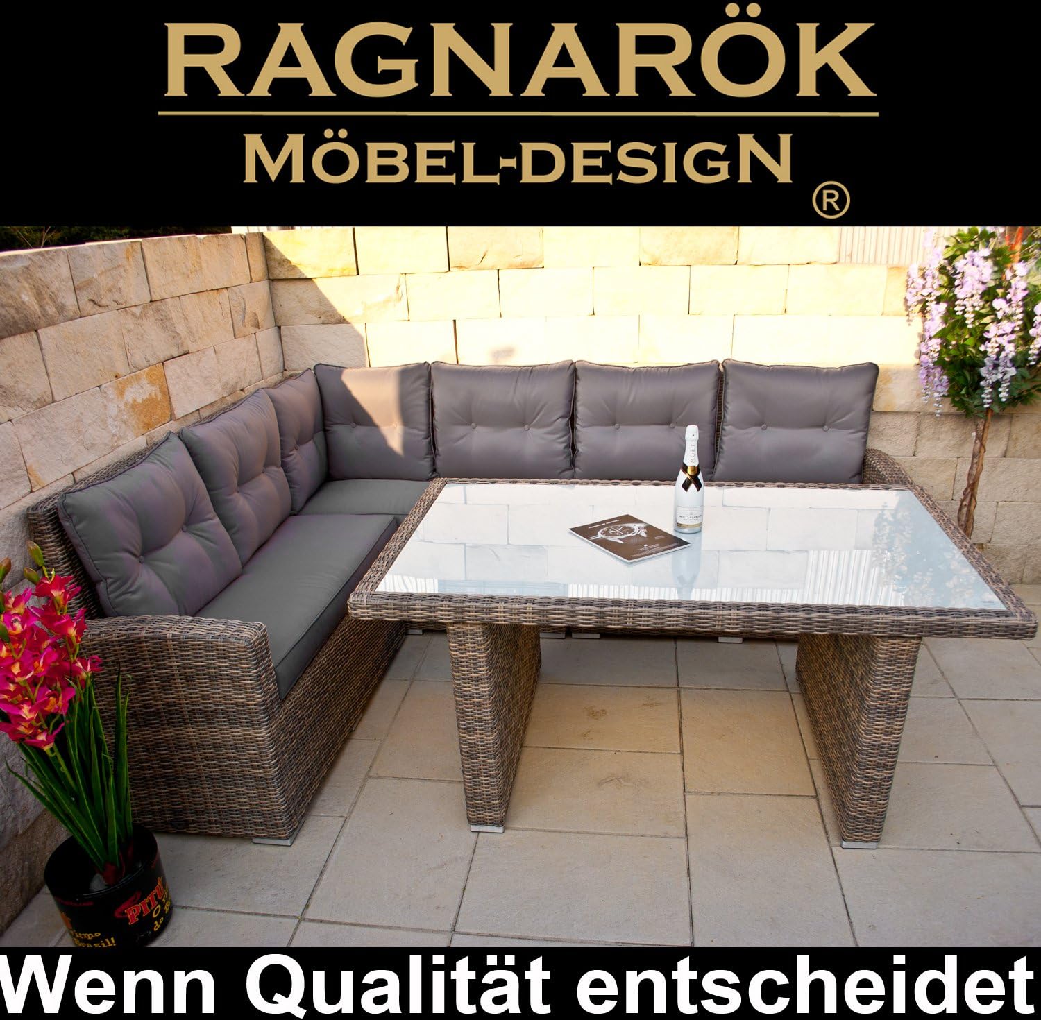Ragnarök-Möbeldesign DEUTSCHE Marke - EIGNENE Produktion 8 Jahre GARANTIE auf UV-Beständigkeit PolyRattan Gartenmöbel Tisch + Dinning Lounge