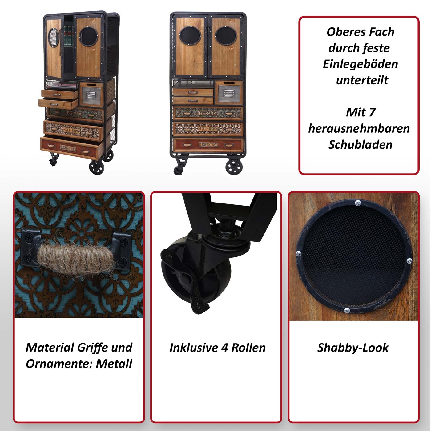 Apotheker-Schrank MCW-D78, Kommode Rollwagen Metallregal, Tanne Holz Vintage Shabby-Look 146x60x35cm