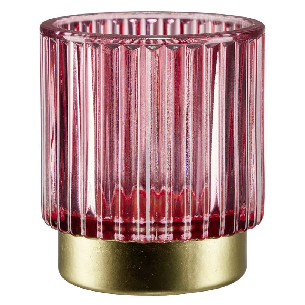 Photophore rond en verre strié coloré Ø7xH8cm