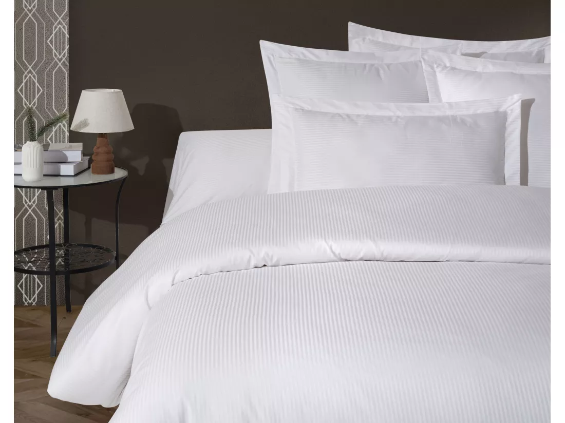 Housse de couette satin de coton rayé blanc
