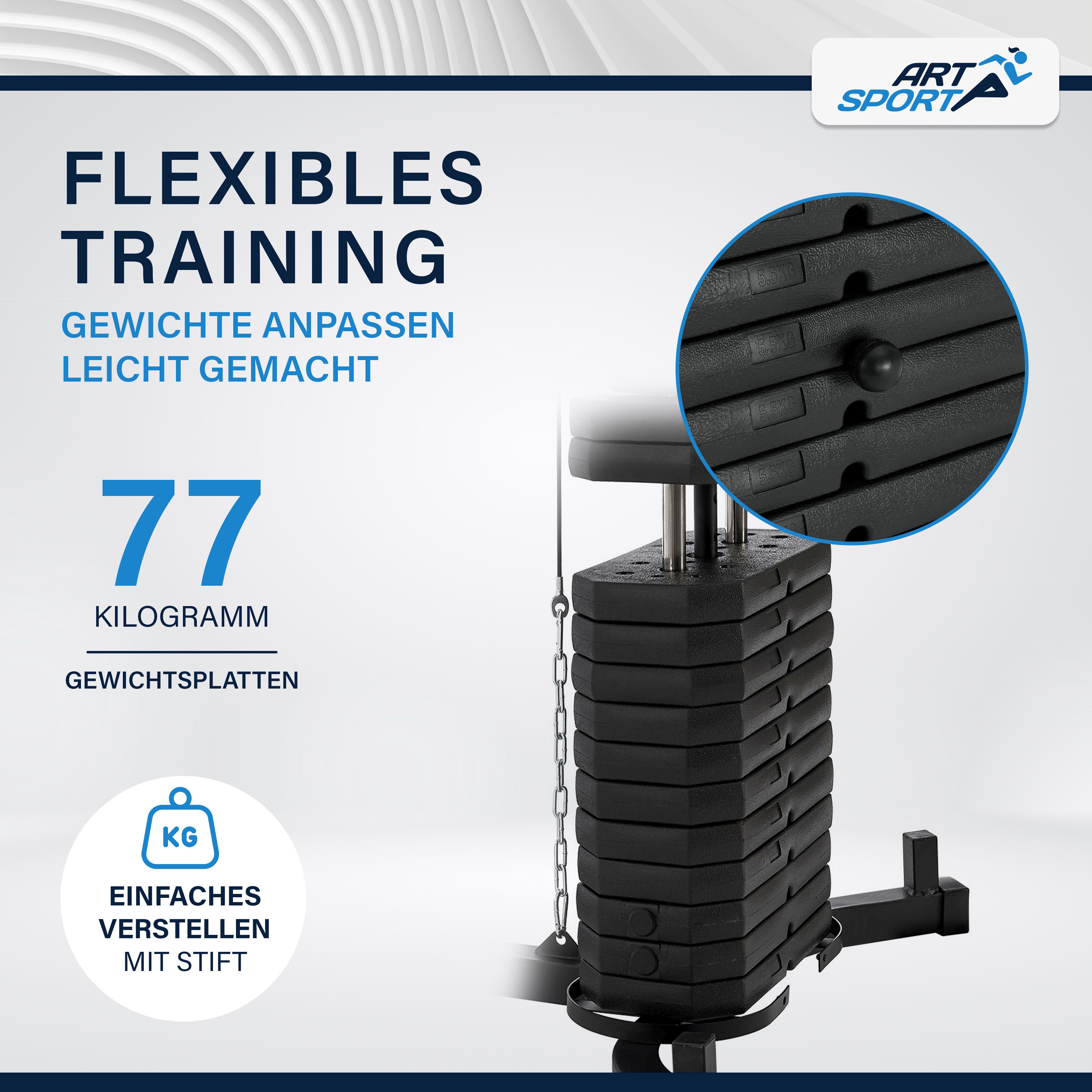 ArtSport Kraftstation ProfiGym 3000 mit 14 Gewichten, 77 kg - Bizeps, Lattzug, Butterfly - Schwarz