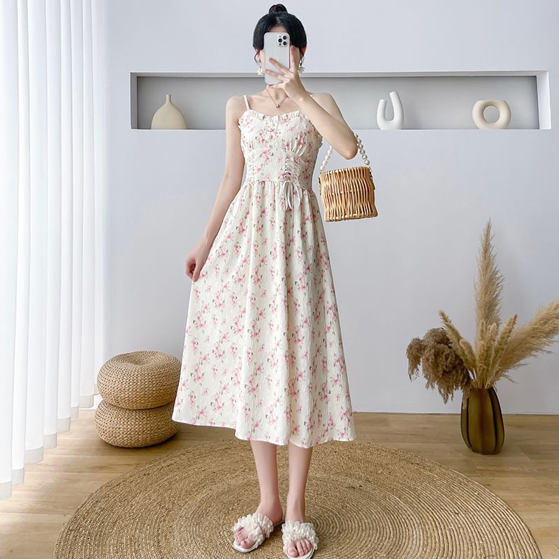 Shinobu - Spaghettibandjes, bloemenprint, vetersluiting, midi-lijn, zomerjurk / effen vest