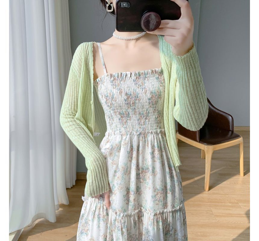 Maisee - Effen vest / spaghettibandjes bloemenprint midi A-lijn jurk