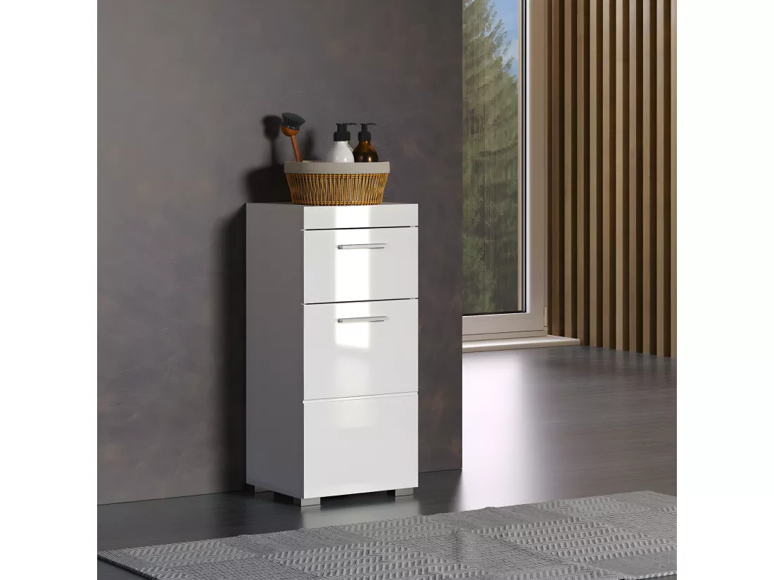 Meuble bas de salle de bain coloris blanc mat et blanc brillant - L. 37 x H. 79 x P. 31 cm
