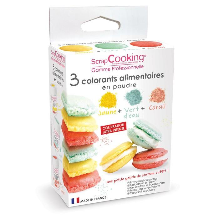 3 colorants alimentaires vert d'eau, corail, jaune Scrapcooking