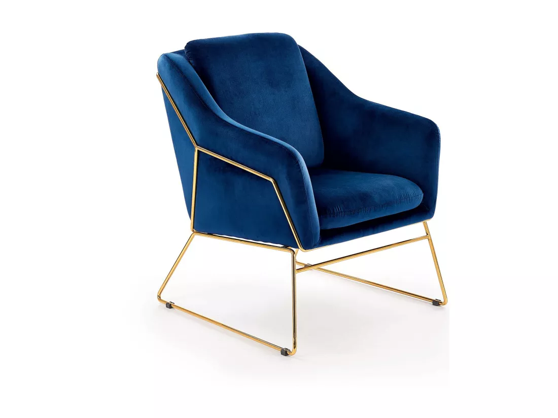 Fauteuil en velours bleu avec structure design en métal doré JAZZY