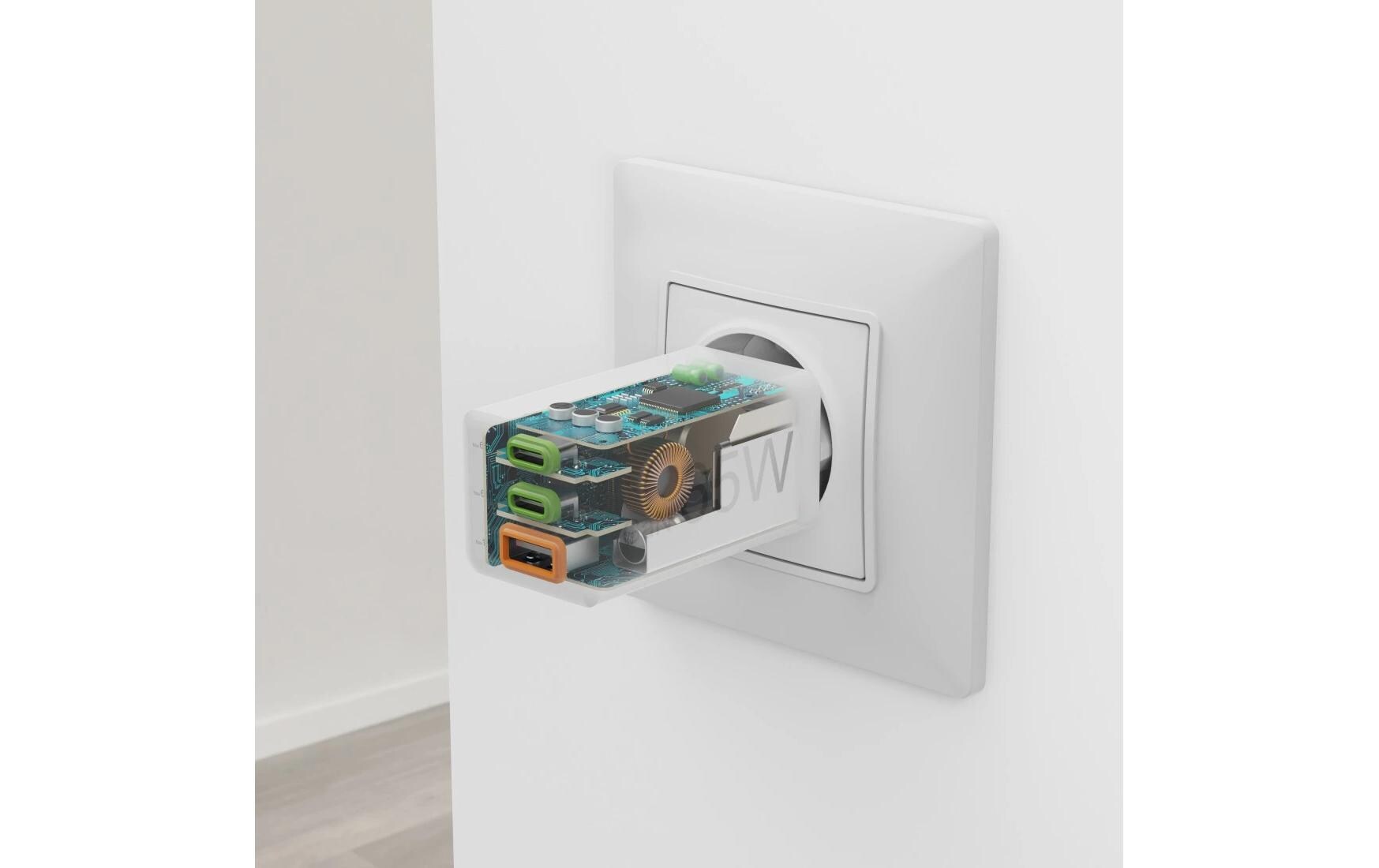 USB-Wandladegerät Gan charger 2x USB-A USB-C 65 W WeissSchnellladegerät mit 1x USB-C und 2x USB-A