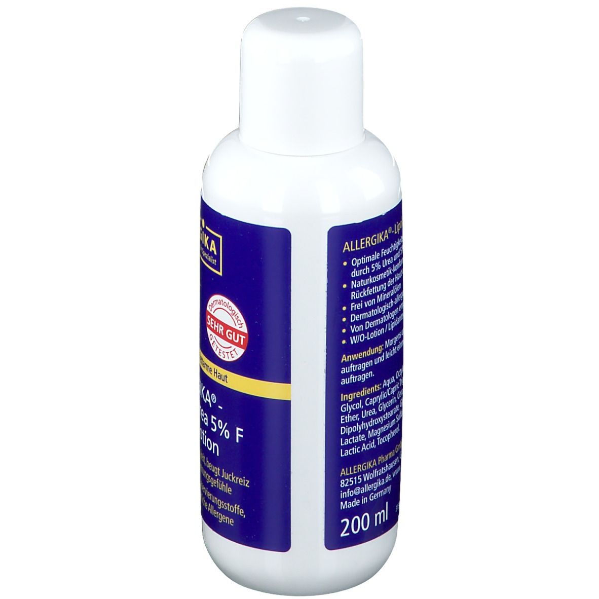 ALLERGIKA® Lipolotio Urea 5% F - Feuchtigkeitsspendende, rückfettende Körperpflege bei sehr trockener, gespannter und schuppiger Haut, Xerosis oder Diabetes