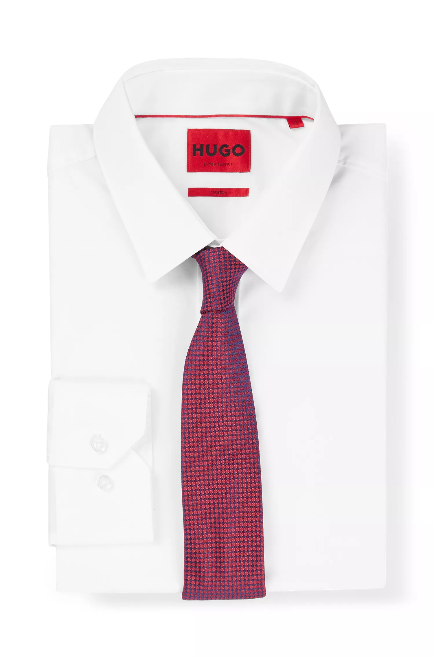 Gravata HUGO em jacquard de seda vermelha com microestampa.