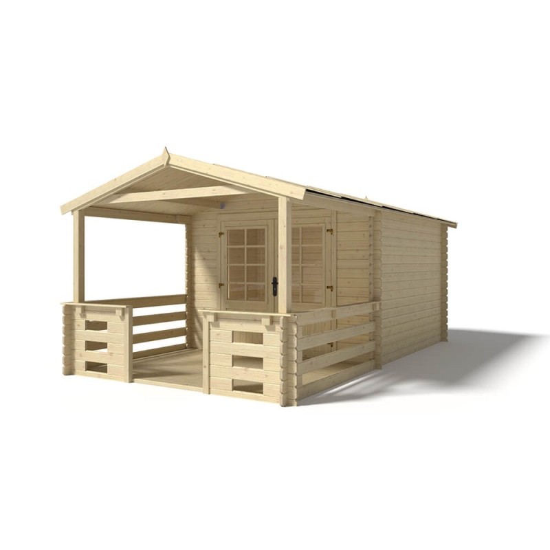 Abri de jardin en bois - 3x4 m - 18 m2 + terrasse avec balustrade et avant-toit en bois