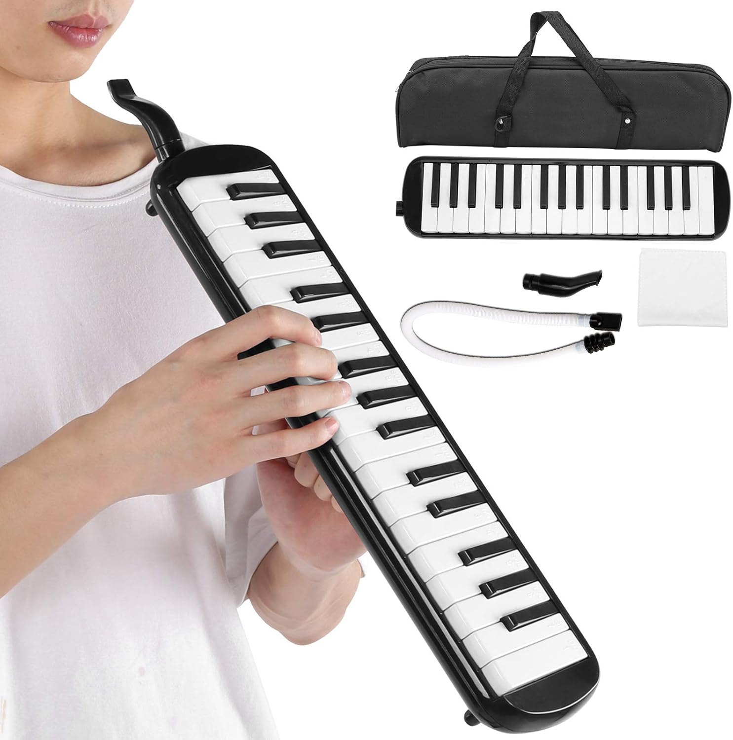 Melodica Blas Klavier Harmonika Musik Instrument 32 Tasten mit Luftschlauch & Aufbewahrungstasche - Schwarz / Weiss