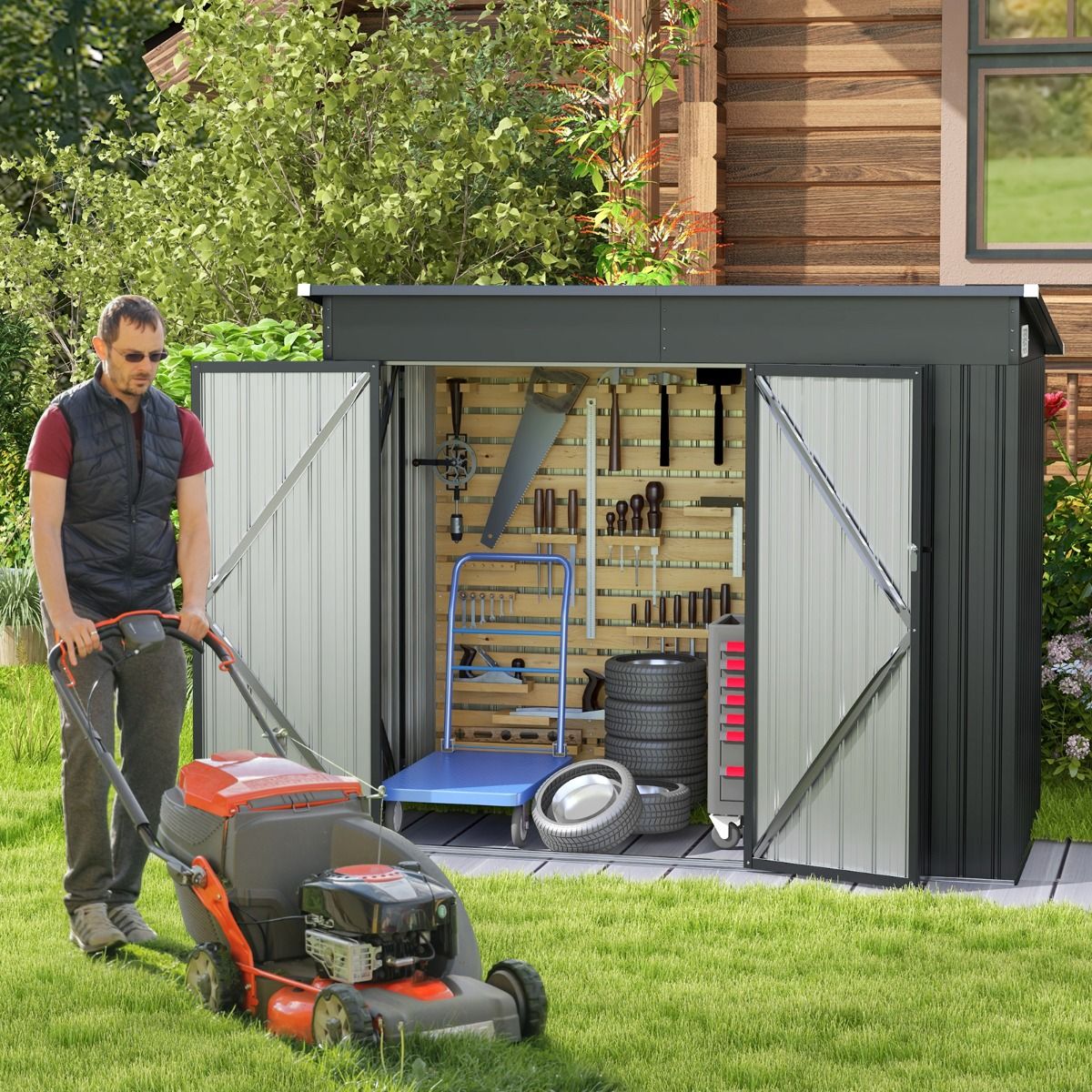 Abri de Jardin Extérieur Abri à Outils de Jardin avec 2 Portes Design Incliné Aérations Cadre en Métal Galvanisé 235x117x185cm Gris Foncé - Lidl-Manfred