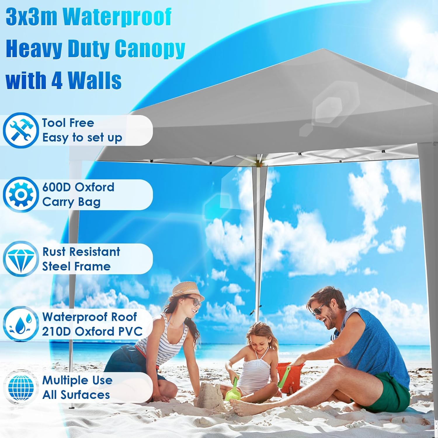 COBIZI Pavillon 3x3 Faltpavillon Wasserdicht Stabil Winterfest Faltbar Partyzelt mit 4 Seitenteilen Pop up Gartenpavillon UV Schutz 50+ Höhenverstellbar für Strand Hochzeit Camping, Grau