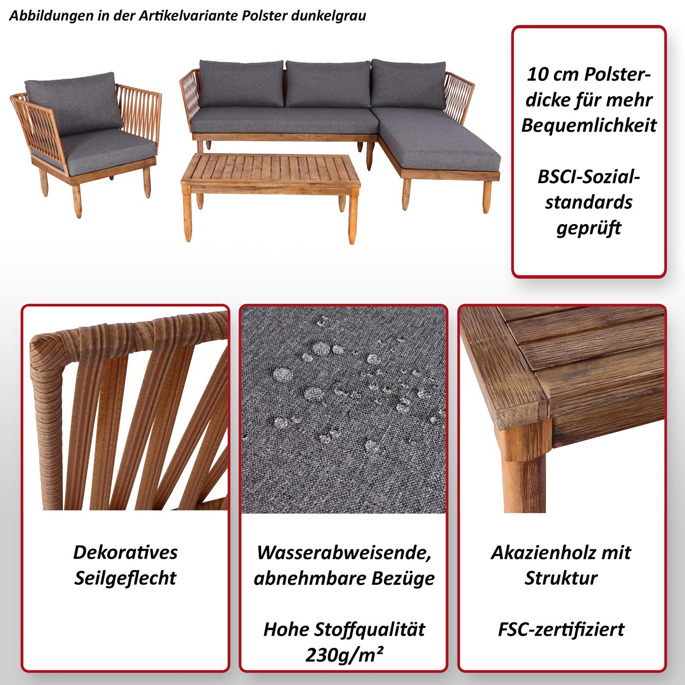 Garten-Garnitur MCW-L29, Garnitur Sitzgruppe Lounge-Set Sofa, Akazie Holz MVG-zertifiziert ~ dunkelgrau