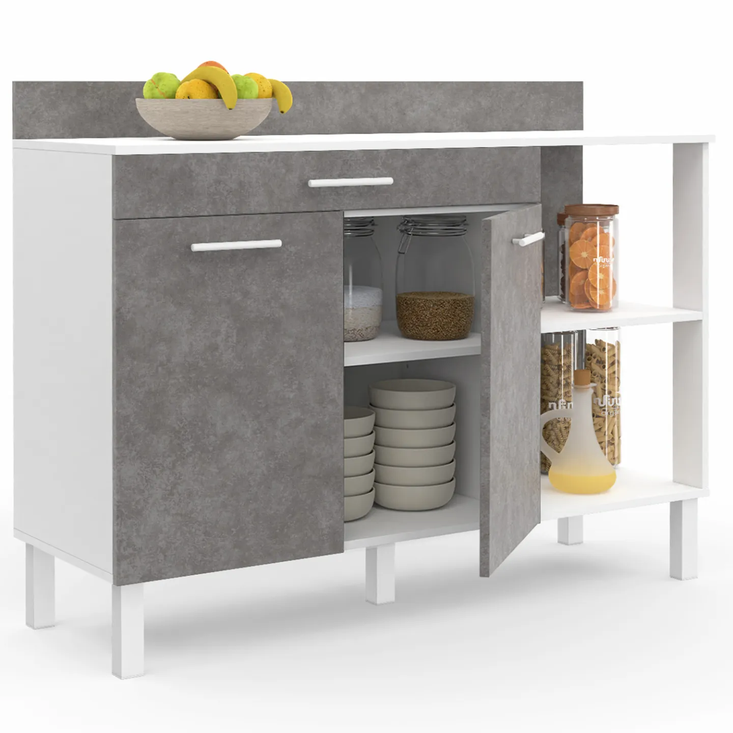 Buffet bas de cuisine 120 cm CINA plan de travail H.83 cm 2 portes + tiroir blanc et effet béton
