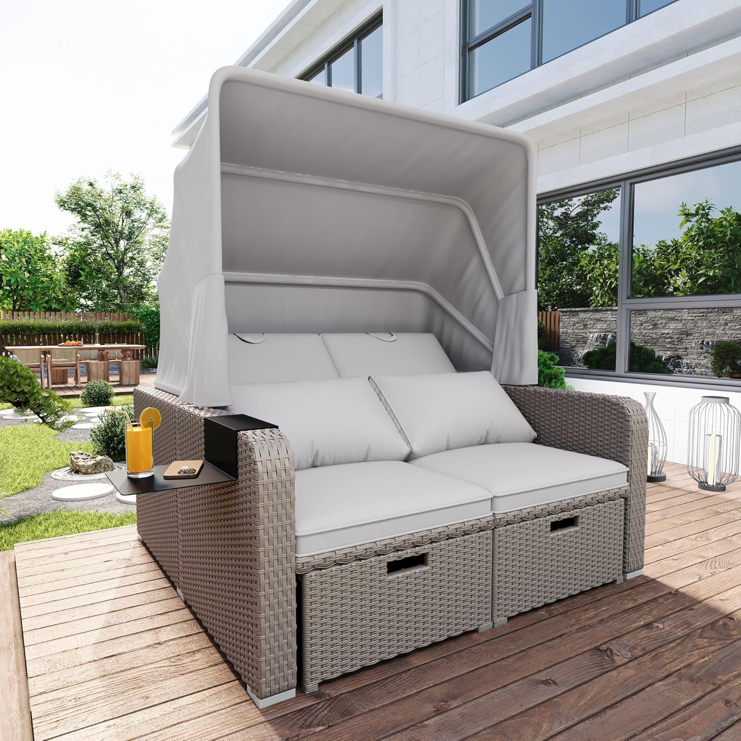 Polyrattan Gartenmöbel für 2 Personen, Gartensofa, Loungesofa, Abnehmbare Markise,Polyrattan und Schwamm,Grau,Khaki (Khaki)
