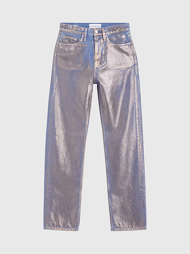 Calça jeans reta metálica de cintura alta