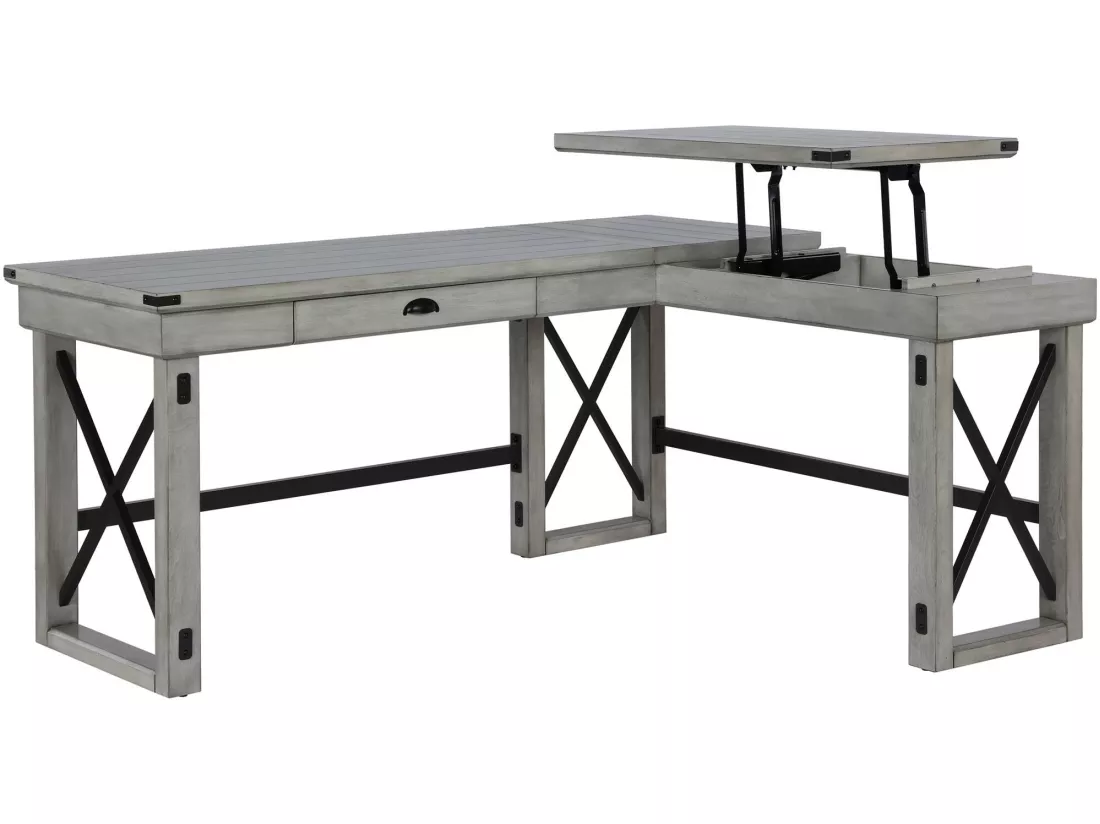 Bureau forme L avec plateau relevable en MDF blanc rustique