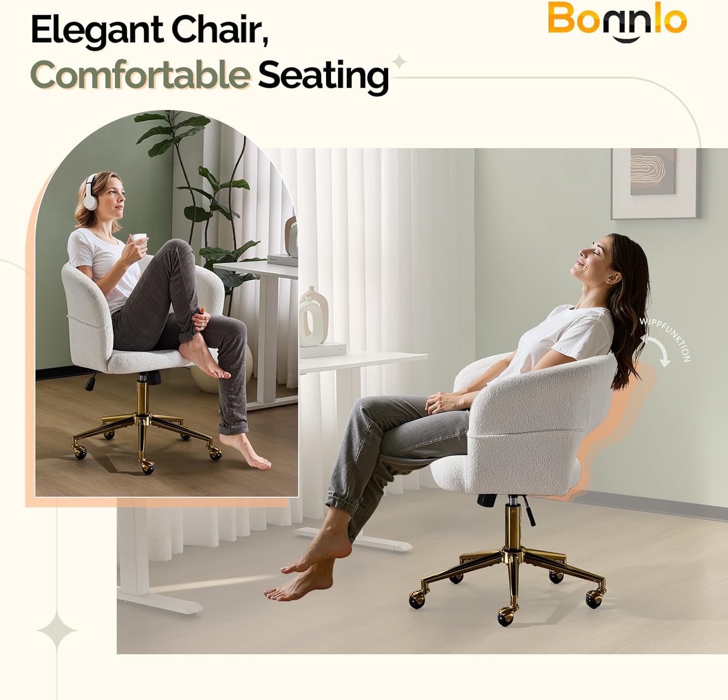 Bonnlo Bürostuhl mit Rollen, Drehstuhl mit goldenen Nieten, Schminktisch Stuhl bis 150KG, Höhenverstellbar Schreibtischstuhl für Arbeitszimmer, Schlafzimmer, Homeoffice, Samt-Chenille-Stoff (Weiß)