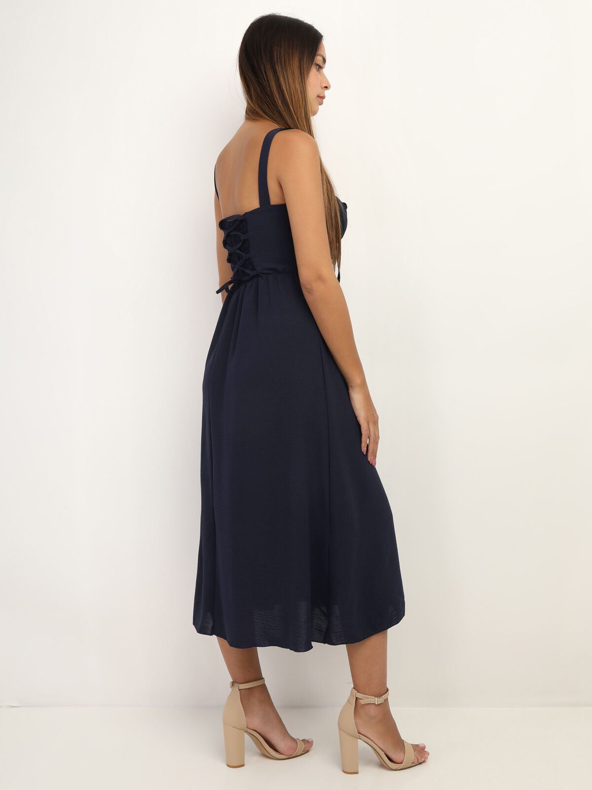 Robe corset mi-longue à fente- Bleu marine
