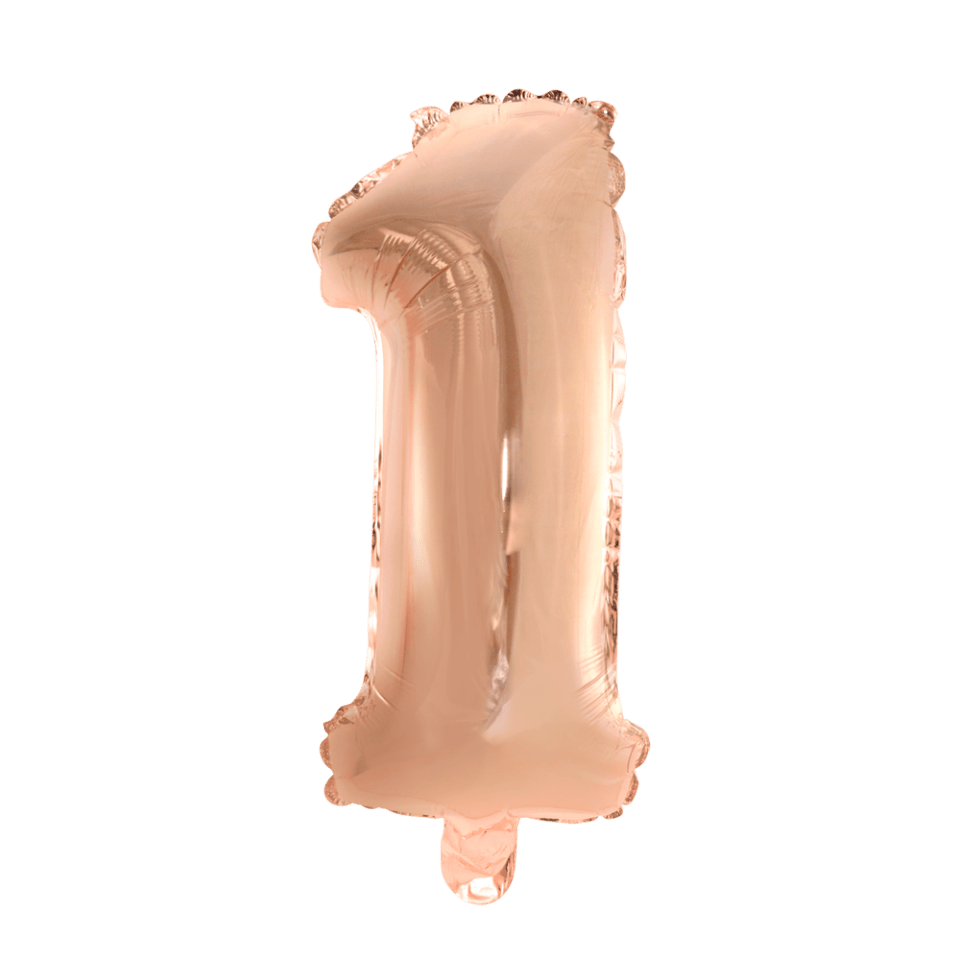 Folie Ballon Cijfer 1 Rose Goud 41cm met Rietje