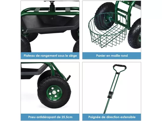 Siège de Jardin Roulant avec Poignée Extensible, Chariot Jardinage avec Siège Rotative 2 Plateaux à Outils Panier de Rangement 4 Roues en Caoutchouc (96,5 x 48,5 x 45,5-54,5 cm)