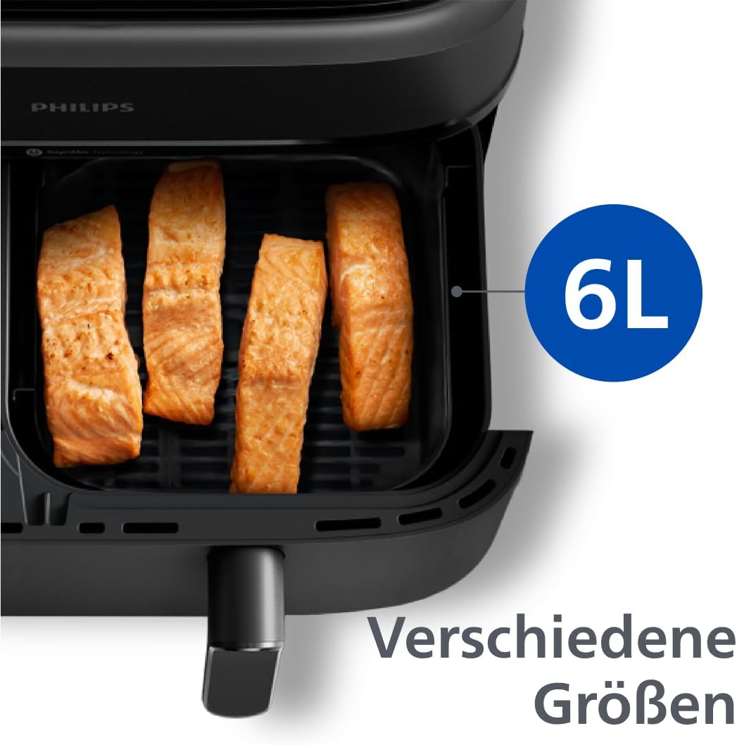 Philips Airfryer Dual Basket 3000 Series Heißluftfritteuse, 9L, 2 Körbe, 2 Gerichte gleichzeitig, RapidAir Plus Technologie, 90% weniger Fett, Energieeffizient, HomeID App (NA350/00)