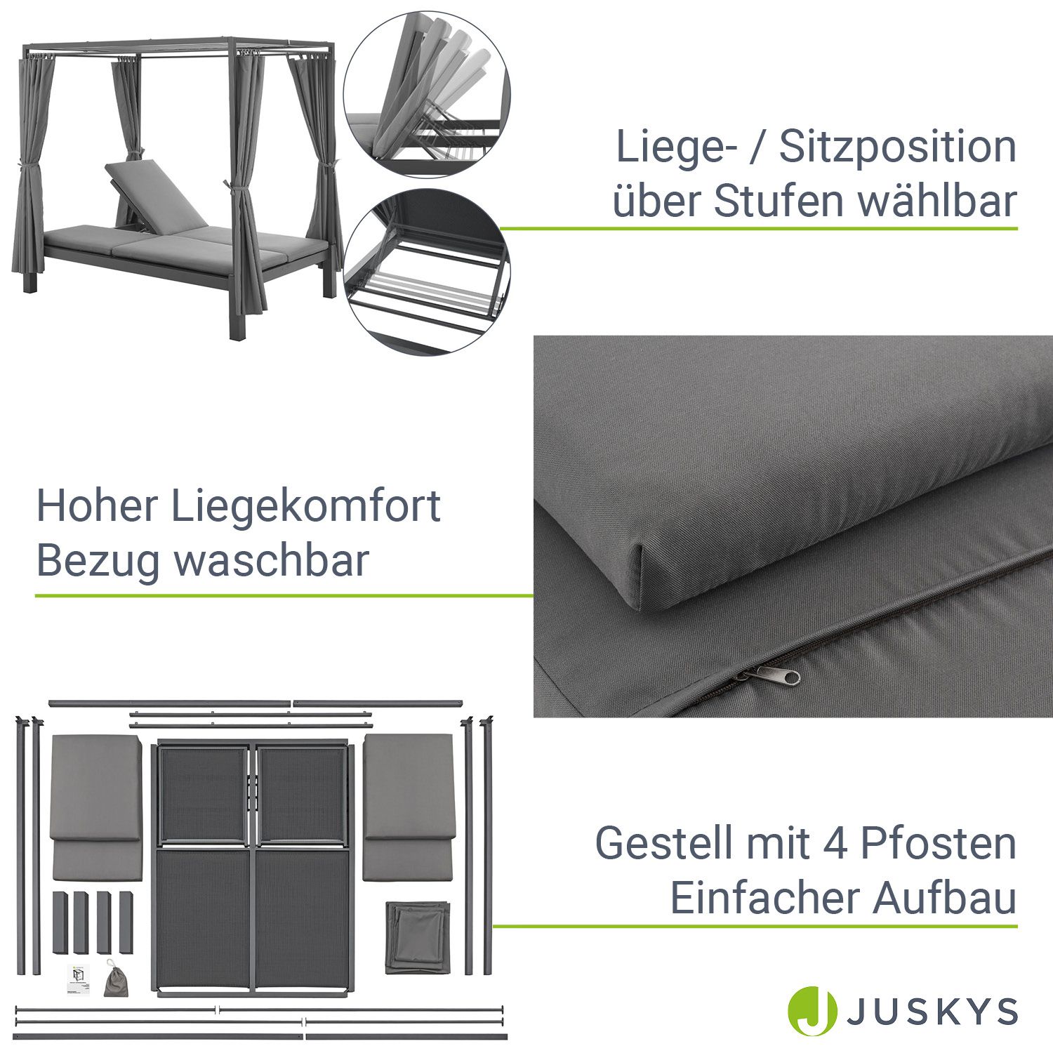 Juskys Doppel Loungebett Kreta - Sonnenliege für 2 Personen - Dach & Lehne verstellbar - Liege Grau