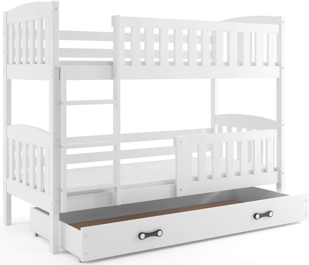 Interbeds Etagenbett 190x90 cm Hochbett Stockbett mit Schublade Holzbett Kiefernholz Kinderbett Jugenbett mit Lattenrost und Rausfallschutz (weiß, 190x90)