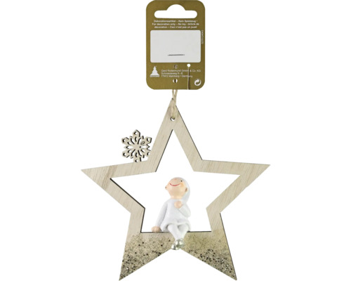 Kerstdecoratie hangende ster met figuur, natuurlijk hout