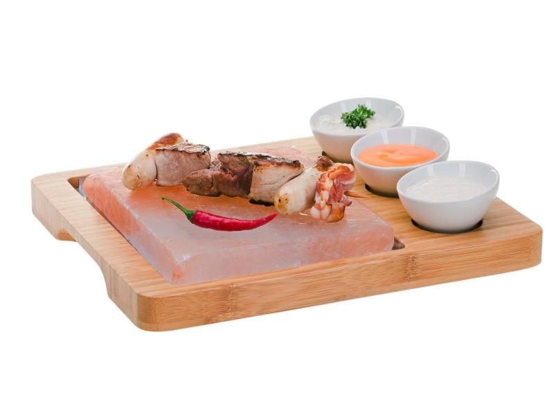 Nouvel Hot Stone Platte Set Himalaya Salz 6-teilig Hot Stone Set aus Bambus mit Saucenhalter