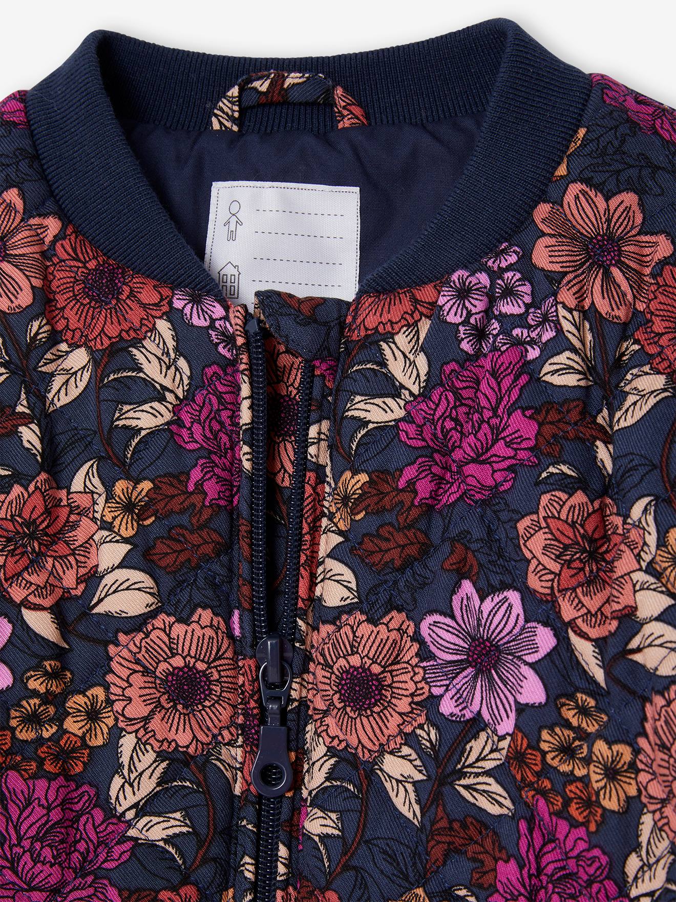 Jaqueta bomber acolchoada azul-escura com estampa floral para meninas