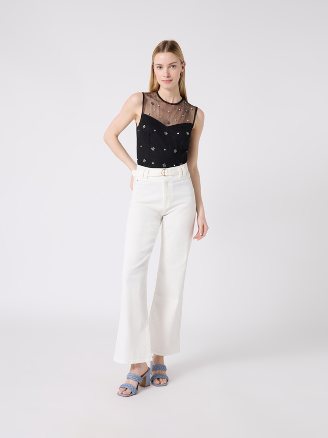 Top sans manches perles fleurs