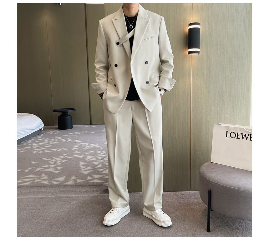 Orungeetun - Set: Lange mouwen effen dubbelrijs blazer + hoge taille geruite pantalon
