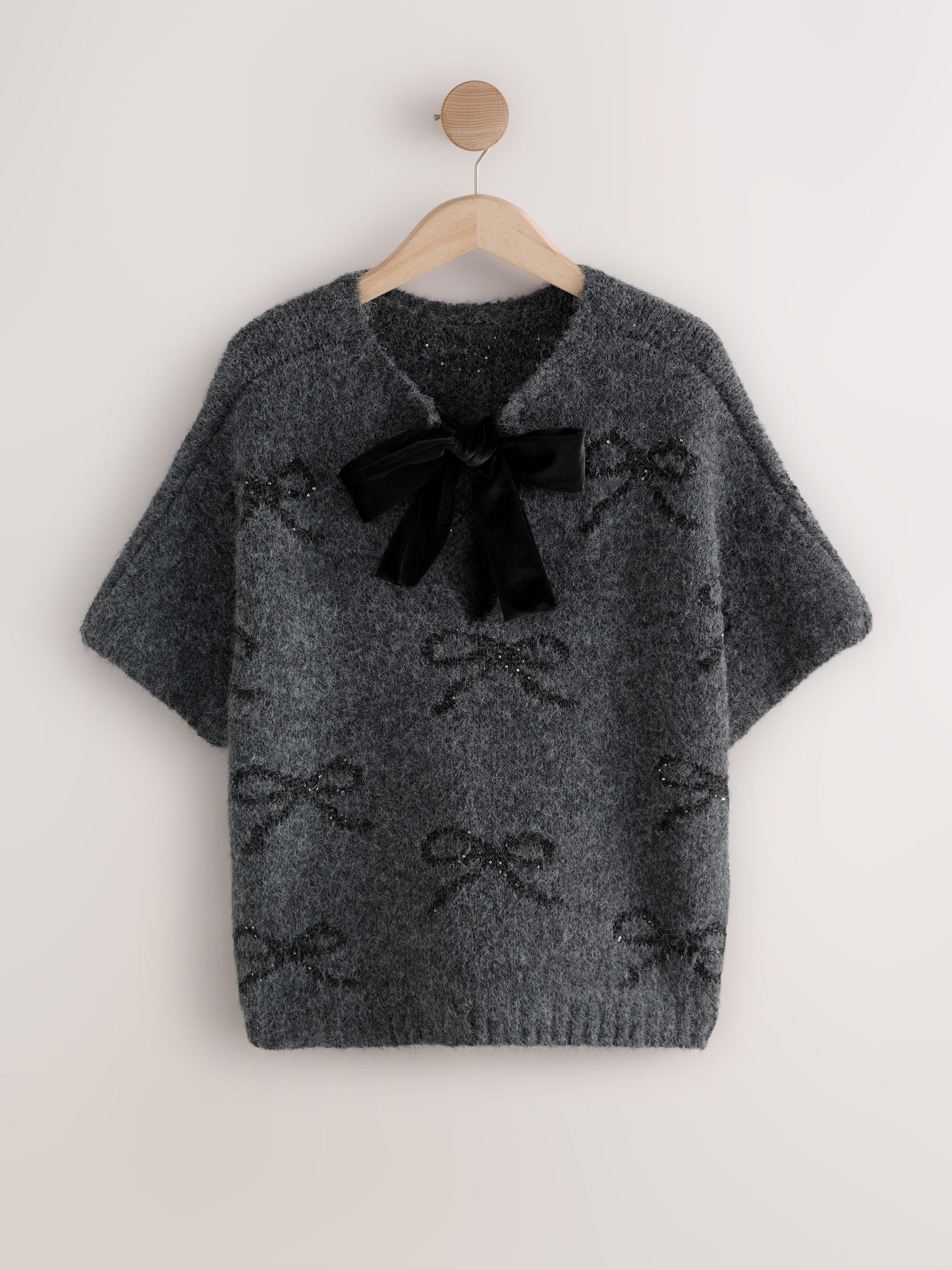 Grijs/strik glinsterend - Gebreide poncho cover-up met fluwelen strik aan de achterkant