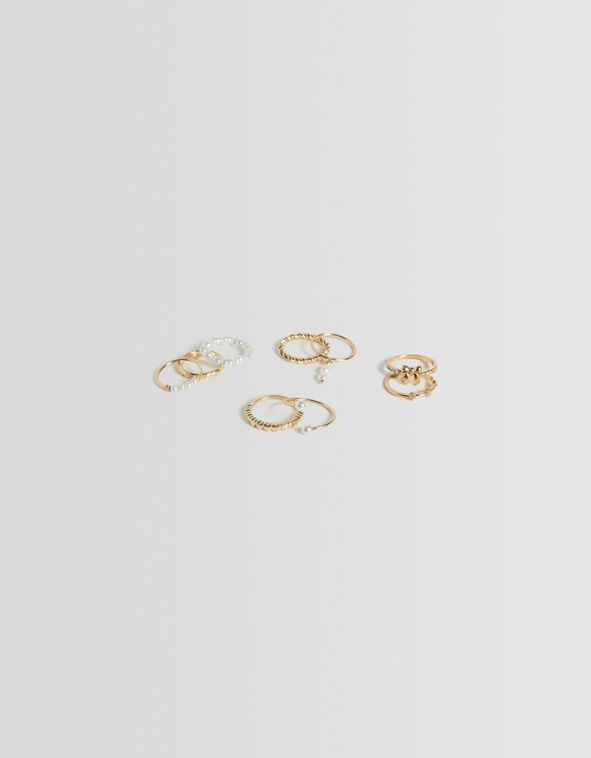 Conjunto de 9 anéis de coração com pérolas artificiais