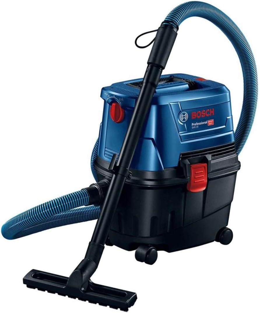 Bosch Professional Nass-/Trockensauger GAS 15 (1.100 Watt, inkl. 1x 3m Schlauch, Rohre (2 Stück), Bodendüsen-Set, Krümmer, im Karton)