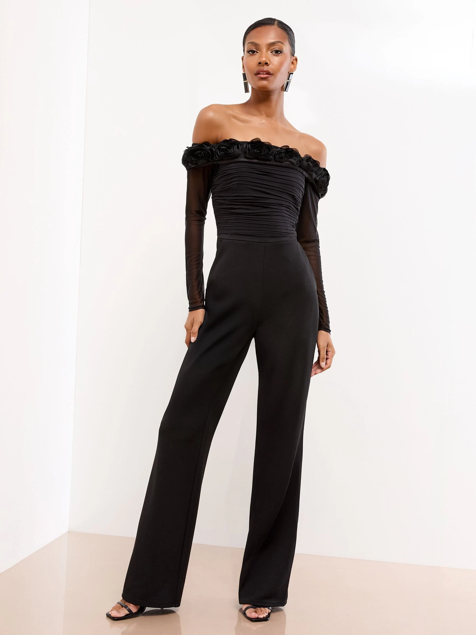 Lipsy Flower 3D Trim Bardot Long Sleeve Mesh Jumpsuit