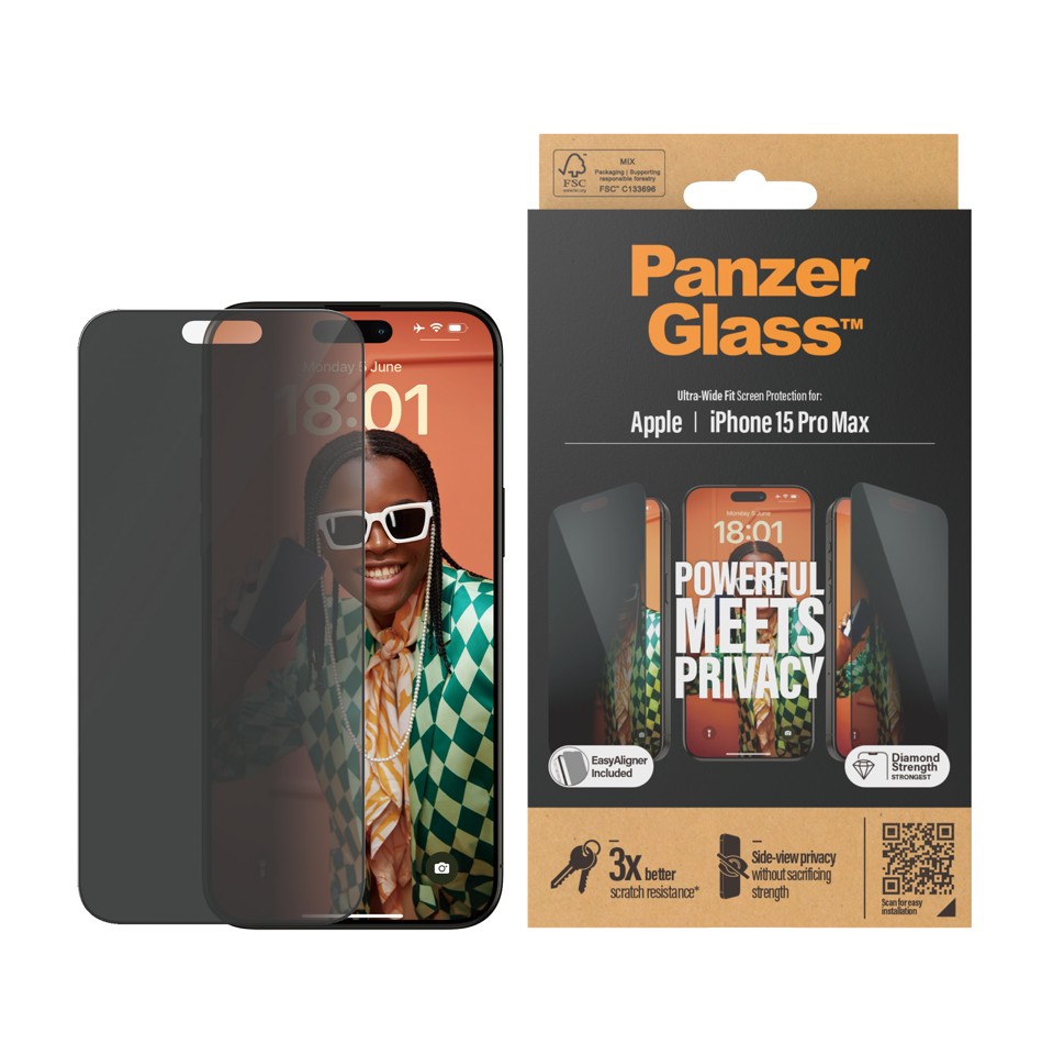 PanzerGlass™ - Privacy Skærmbeskyttelse iPhone 15 Pro Max - Ultra-Wide Fit m. EasyAligner