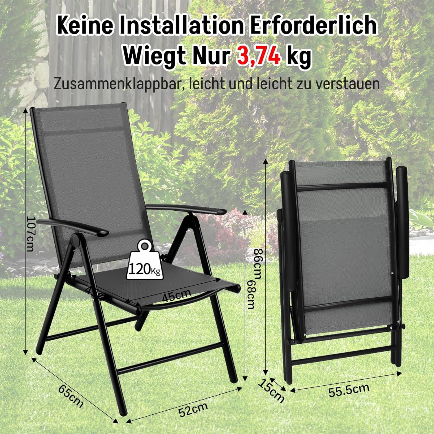 LIFERUN 3-Teiliges Gartenmöbel Set, Aluminium Balkonmöbel Set, 2pcs Verstellbare Hochlehner Klappstühle +110x70cm WPC Wetterfest Rechteckiger Terrassentisch,Essgruppe Sitzgruppe Outdoor, Schwarz