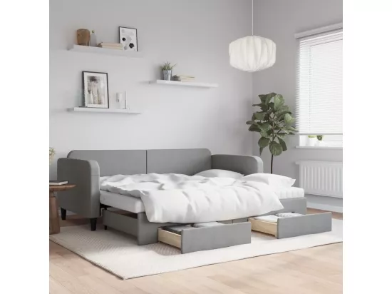 Lit de jour avec gigogne et tiroirs gris clair 90x190 cm tissu