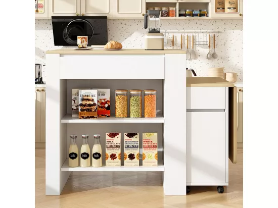 Table de bar extensible 110-124cm îlot cuisine 2 tiroirs 2 étagères prise courant plateau MDF blanc marbré